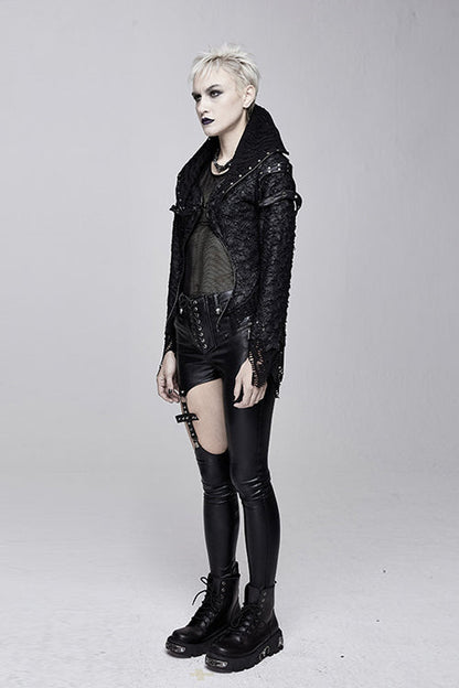 Black Punk Rock Short Front And Long Back Broken Holes Womens Jacket