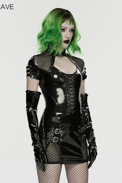 Black Stand Collar Short Sleeves Spliced Lace-Up Slim Mesh Buckled Women's Punk Handsome Dress