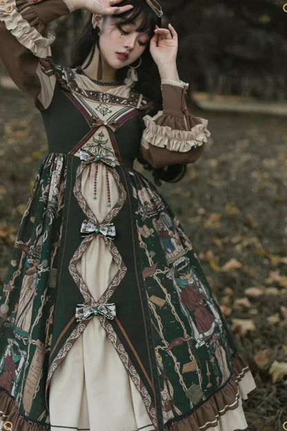 Dark Green [Tarot] Print Long Puff Sleeves Ruffle Bowknot Ripped Sweet Elegant Lolita Dress