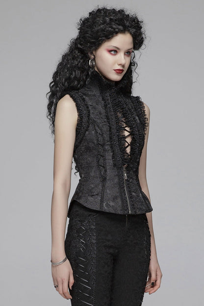 Black Stand Collar Sleeveless Floral Embroidery Lace Mesh Women's Gothic Waistcoat