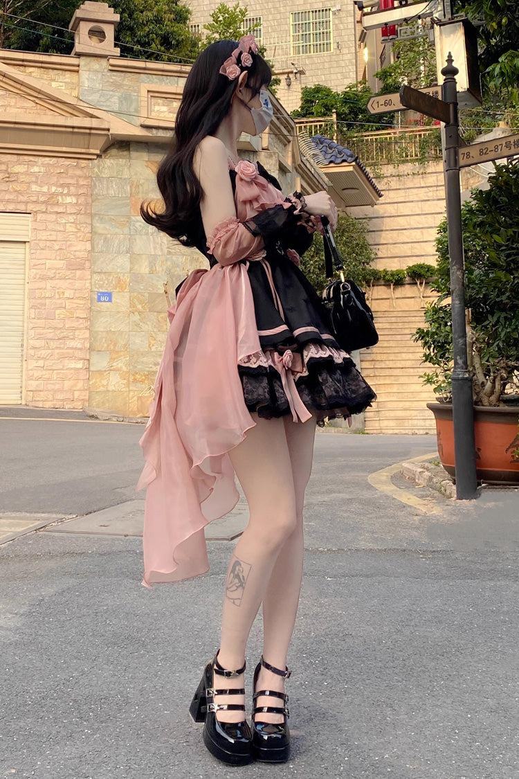 Black/Pink Multi-layer Ruffle Bowknot Sweet Princess Lolita Dress