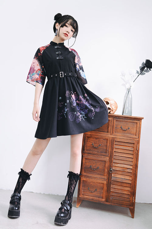 Black Stand Collar Hundred Ghosts Night Walk Colorful Print Short Sleeves High Waisted Sweet Lolita Dress