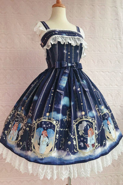 Blessing of Oriel Print Ruffle Bowknot Stitching Lace Sweet Lolita Jsk Dress 4 Colors