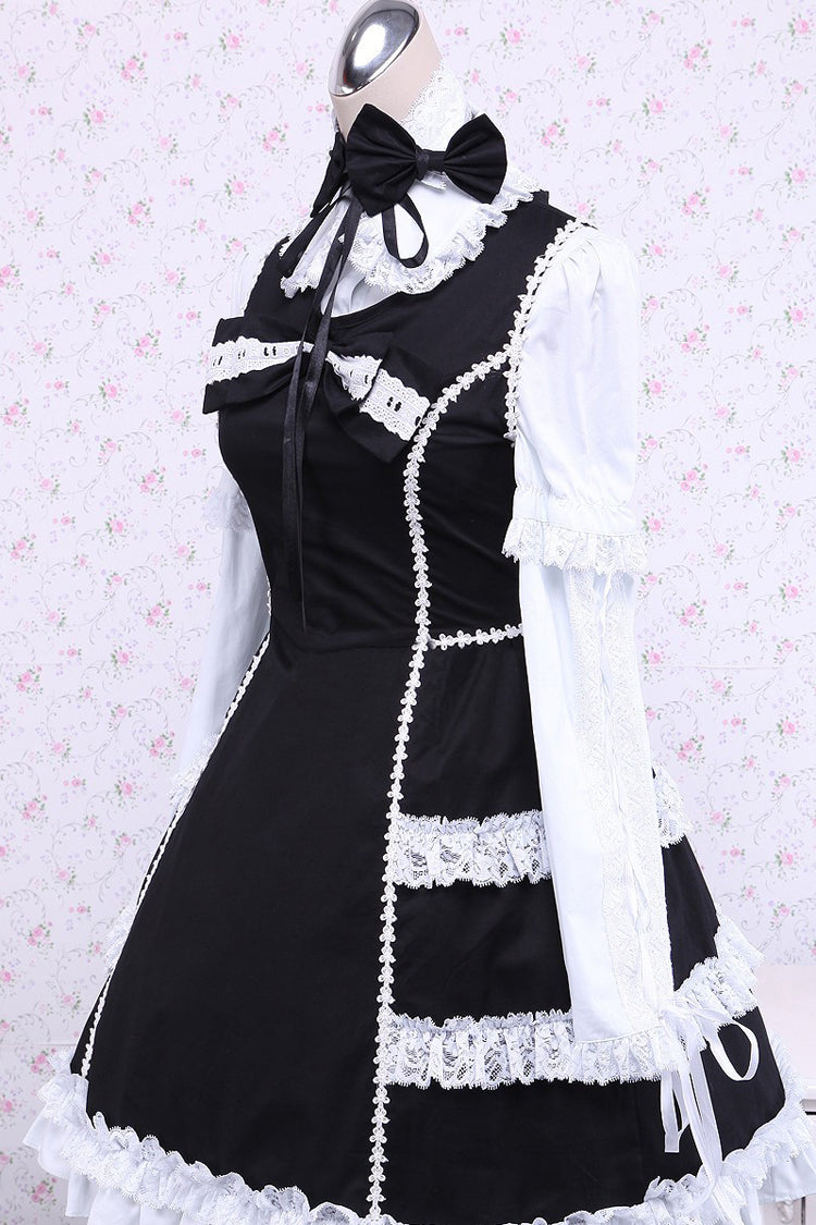 Black/White Cotton Long Sleeves Lace Trim Bowknot Gothic Lolita Dress