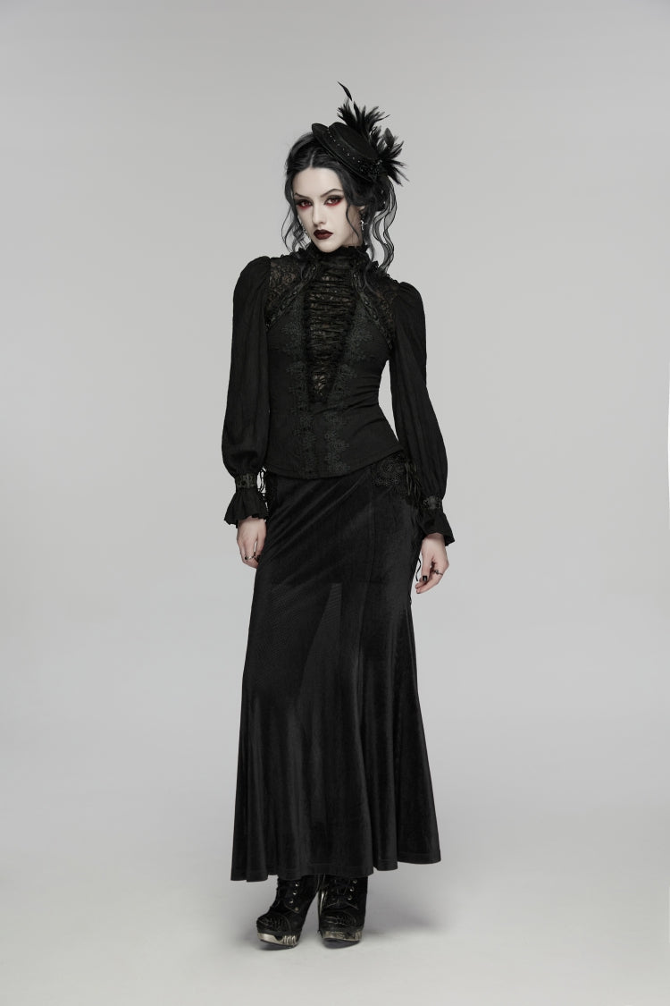 Black Stand Collar Long Sleeves Lace Lace-Up Slim Women's Gothic Blouse