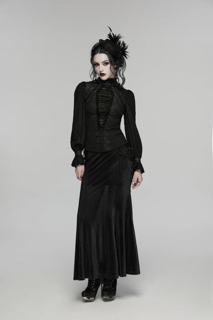 Black Stand Collar Long Sleeves Lace Lace-Up Slim Women's Gothic Blouse