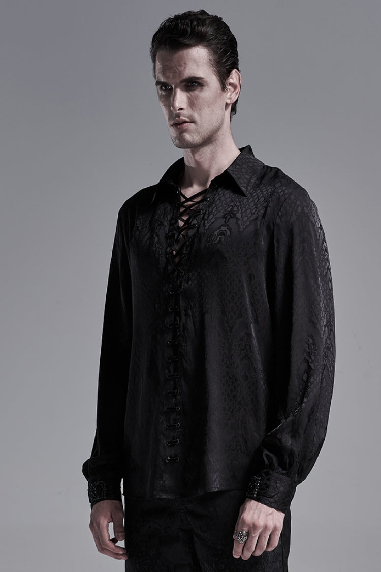 Jacquard Long Sleeve Front Metal Eyelets Lace Up Metal Carving Buckle Cuff Men's Gothic Shirt 3 Colors