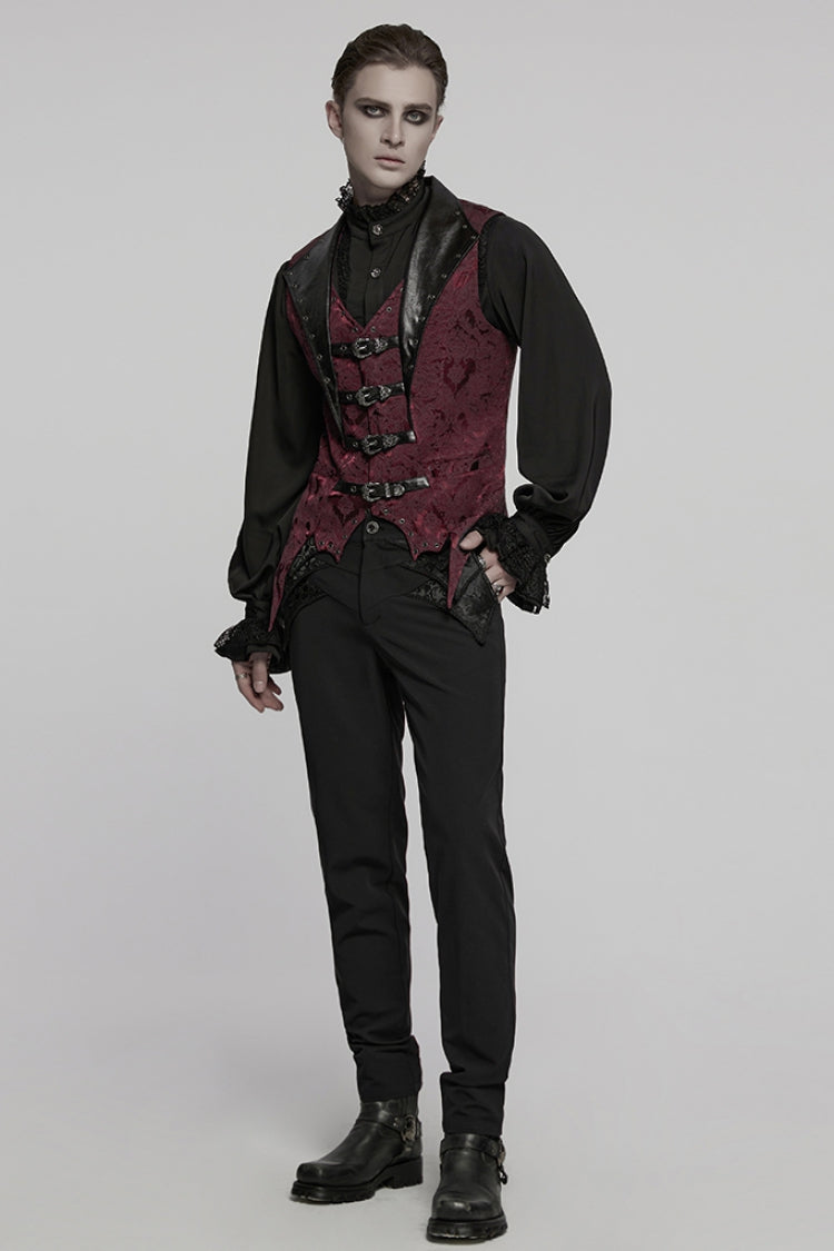 Black/Red Lapel V-neck Sleeveless Jacquard Buckle Men's Gothic Vest