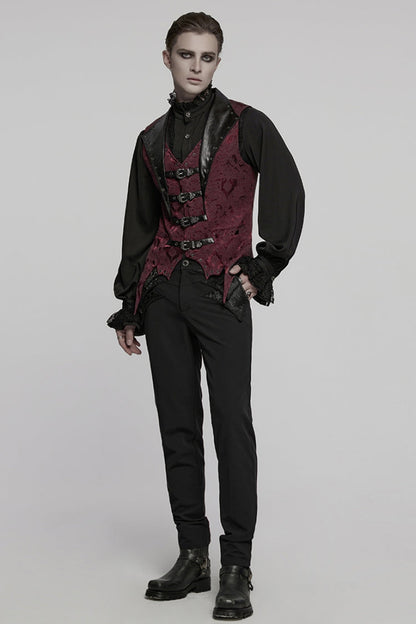 Black/Red Lapel V-neck Sleeveless Jacquard Buckle Men's Gothic Vest