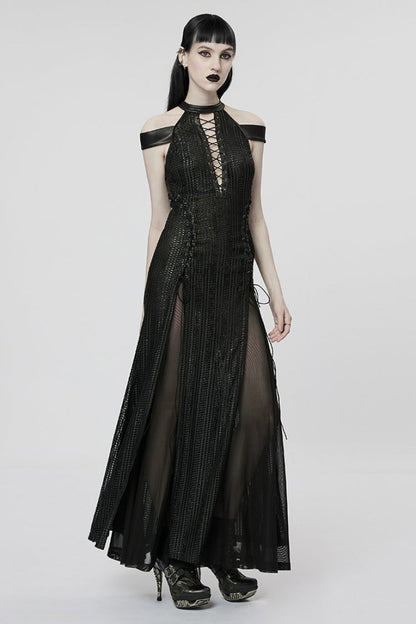 Black Side Slit Hollow Lace-Up Slim Mesh Women's Gothic Dress with Detachable Cape