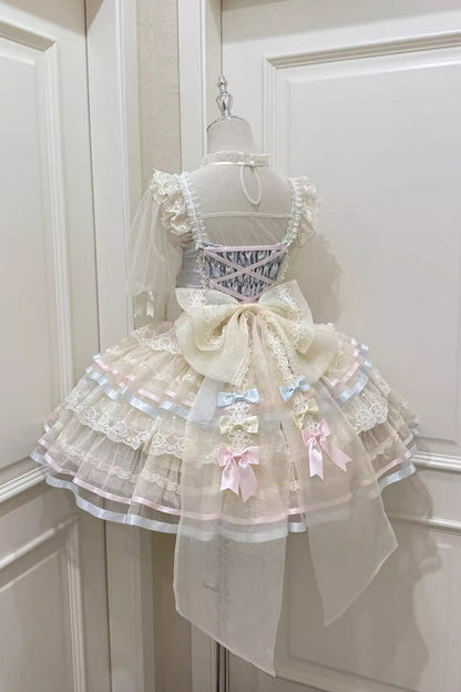 Blue [Butterfly Heart Ballet] Triple-Layered Ruffle Bowknot Lace Sweet Ballet Lolita Jsk Dress