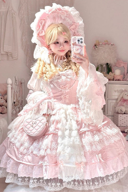 Pink [Ten Miles of Peach Blossoms] Sleeveless Multi-Layered Ruffle Embroidery Cardigan Bowknot Lace Pearl Sweet Gorgeous Lolita Jsk Dress