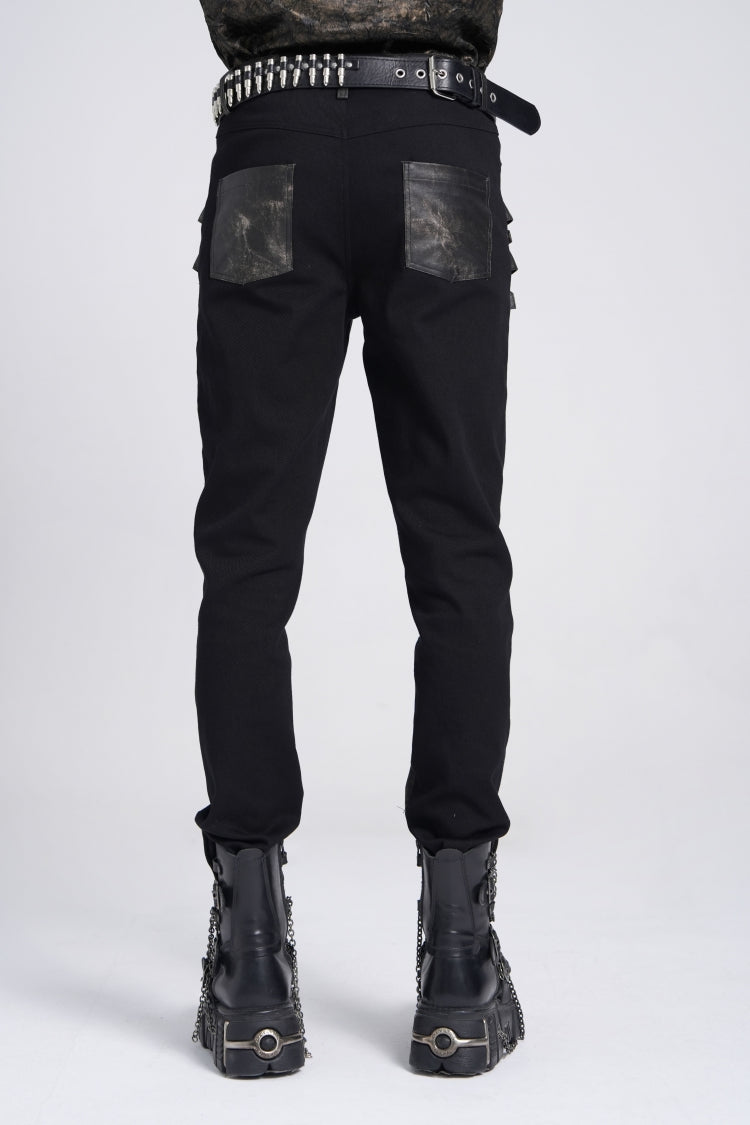 Black/Grey Faux Leather Stitching Buckle Men's Punk Pants