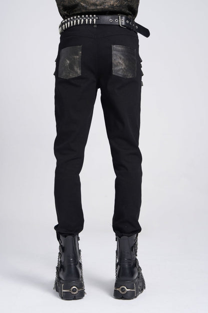 Black/Grey Faux Leather Stitching Buckle Men's Punk Pants