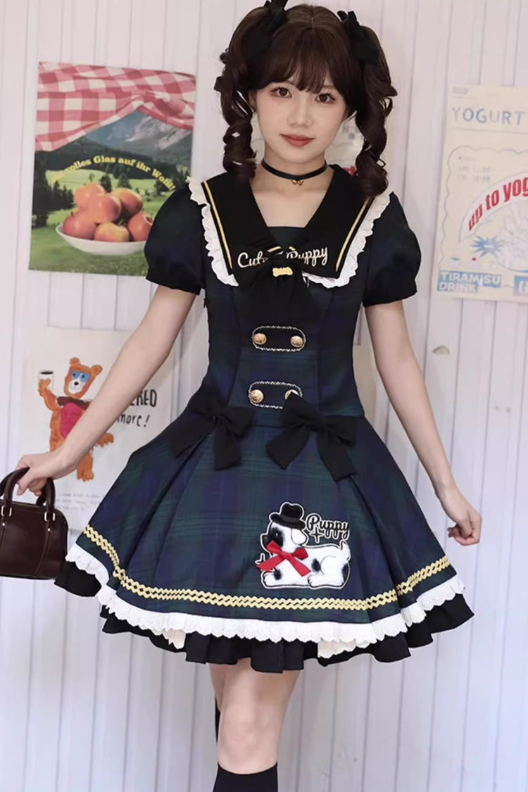 Blue [Dalmatian] Short Sleeves Print Ruffle Bowknot Slim Sweet Lolita Dress