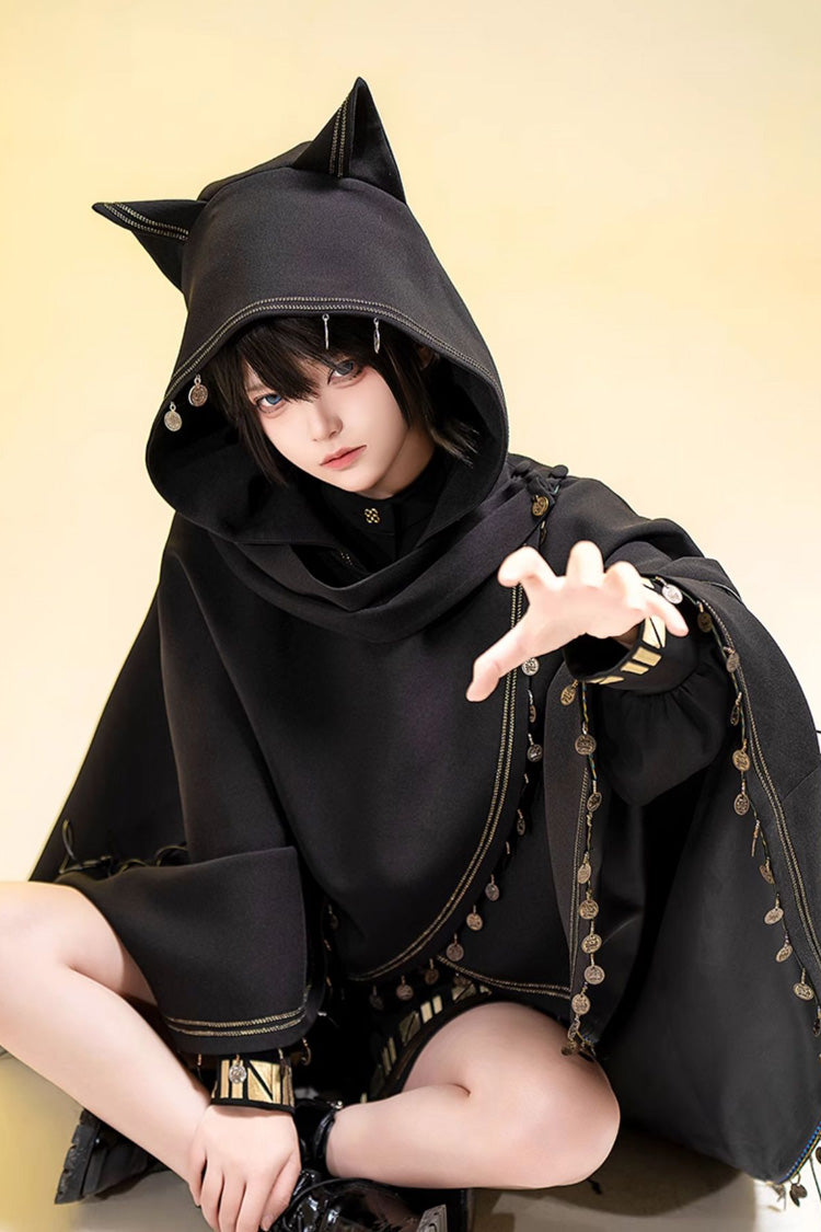 Black [Black Cat] Embroidery Cat Ears Hooded Ouji Gothic Prince Handsome Lolita Cloak