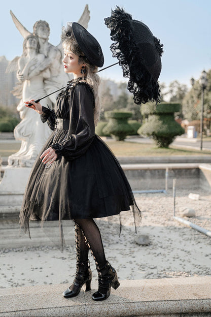 Black Square Collar Metal Chain Organza Stitching Gothic Lolita OP Dress (Short Version)