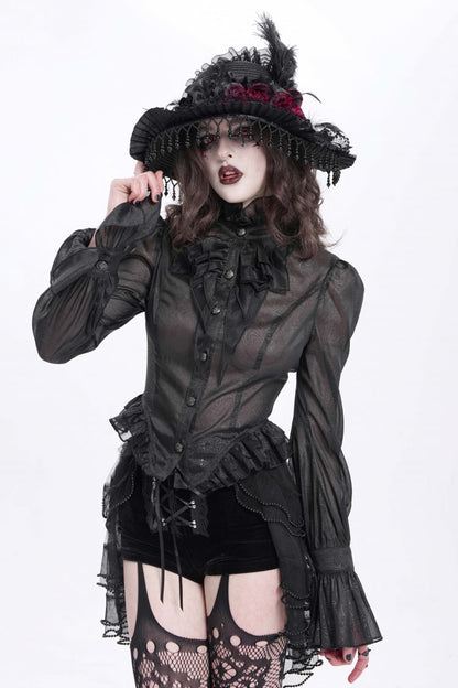 Black Stand Collar Ruffle Sheer Women's Swallow-tailed Gothic Blouse