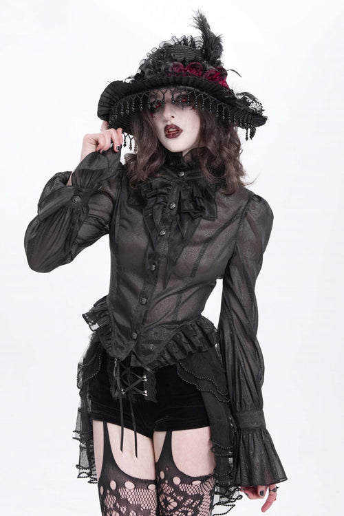 Black Stand Collar Ruffle Sheer Women's Swallow-tailed Gothic Blouse