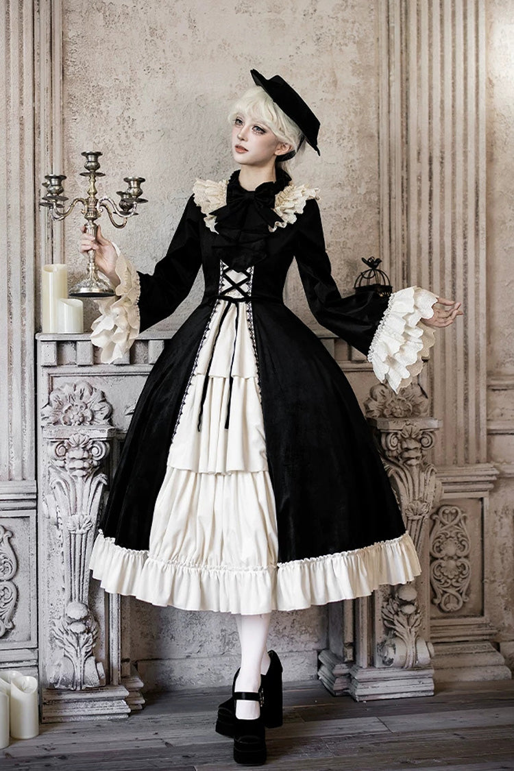 Black [Letters and Poems · Nutcracker Box] Long Sleeves Ruffled Open-Front Bow Lace-Up Gothic Lolita Dress