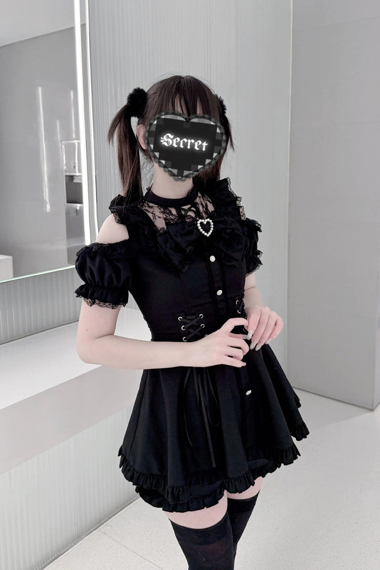 [Silver Candle Elegy”] Short Sleeves Printed Ruffled Cut-Out Bow Gothic Jirai Kei Top and Shorts Set 2 Colors