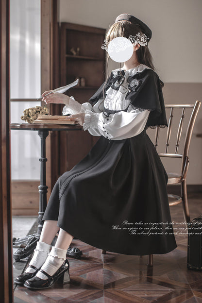 Black/White [Sunset Academy] Long Sleeves Ruffle Bowknot Fake Two Pieces Vintage College Style Elegant Lolita Dress