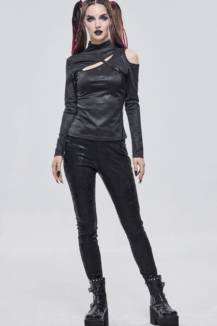 Black Punk Stretch Knitted Fabric Chest Cutout Design Buckle Strap Decoration Long Sleeve Women's Shirt