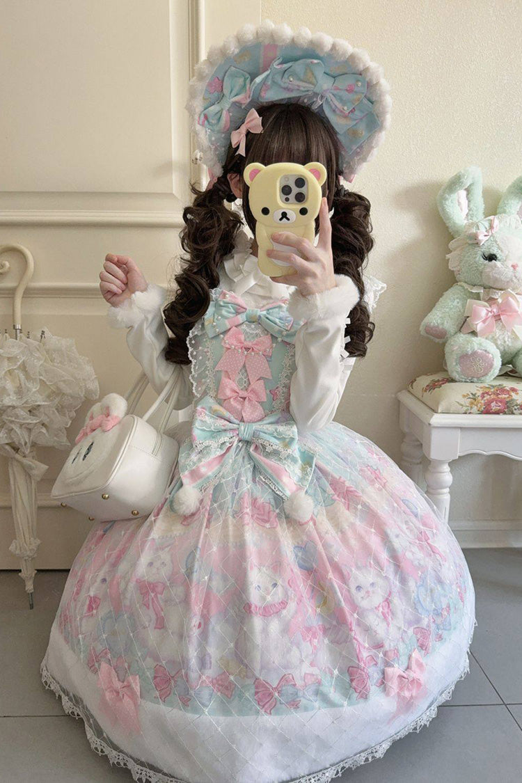 Green/Pink [Candy Mary Cat] Printed Ruffled Embroidered Bow Lace Sweet Lolita Jsk Dress