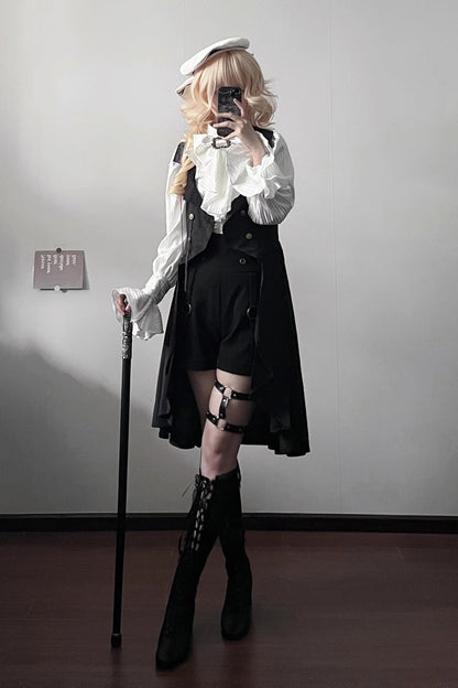 Black [Moonstone] Sleeveless Ruffle Ouji Gothic Prince Lolita Long Vest