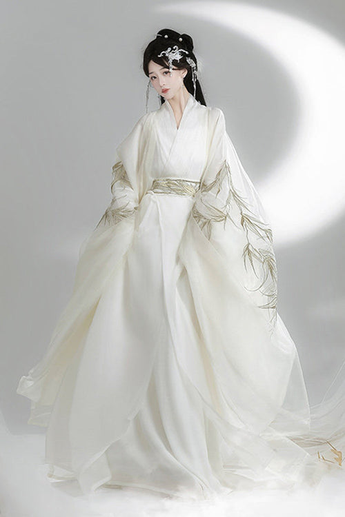 White [Bamboo Leaves] V Collar Trumpet Sleeves High Waisted Embroidered Women's Classic Hanfu Dress Set