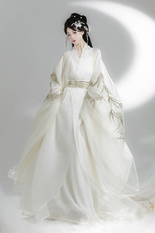 White [Bamboo Leaves] V Collar Trumpet Sleeves High Waisted Embroidered Women's Classic Hanfu Dress Set