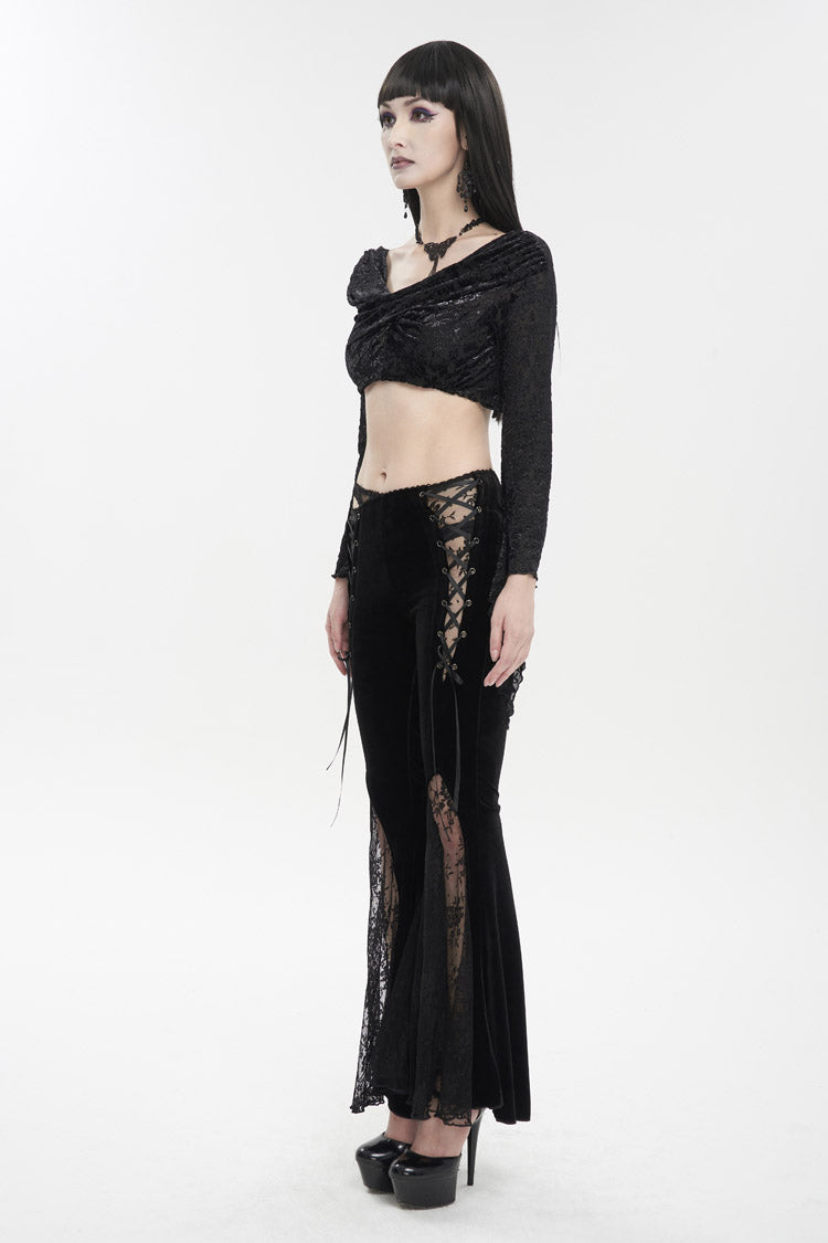 Black Velvet-Paneled Mesh Side-Adjustable Asymmetrical Women's Gothic Leggings
