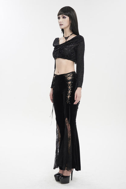 Black Velvet-Paneled Mesh Side-Adjustable Asymmetrical Women's Gothic Leggings