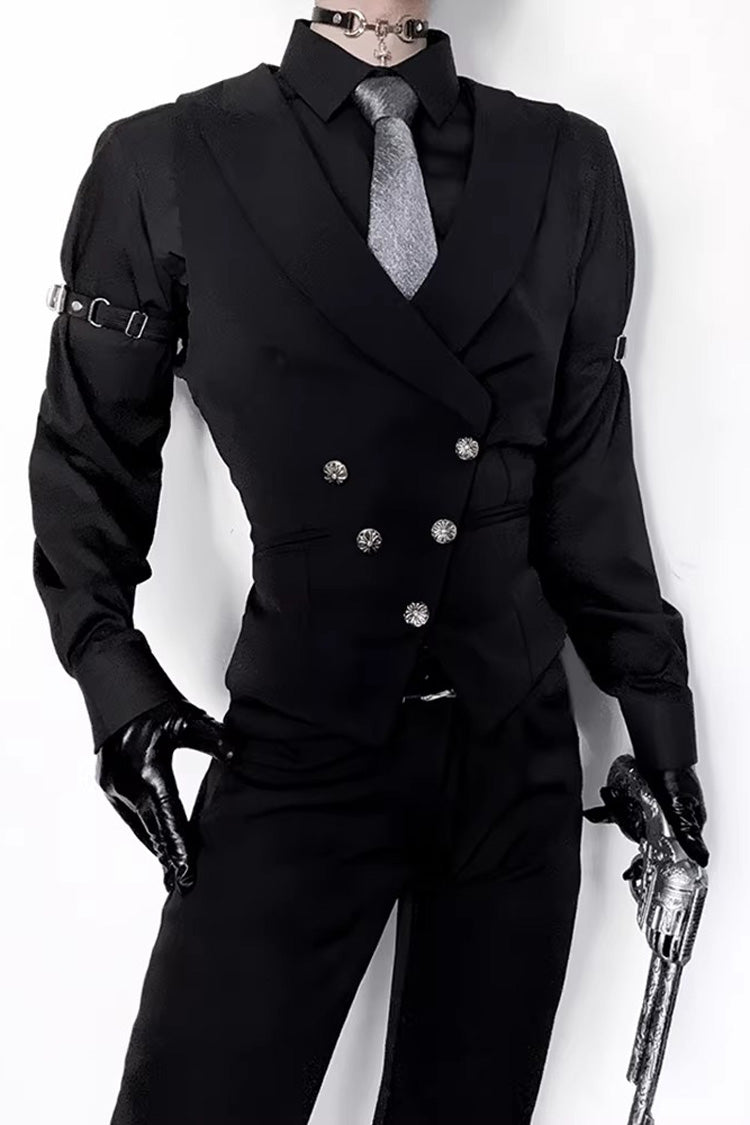 Black Sleeveless Ouji Gothic Lolita Waist-Cinching Vest with Silver Buttons