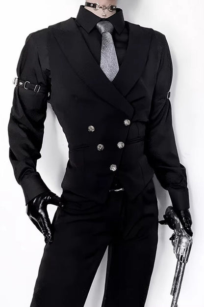 Black Sleeveless Ouji Gothic Lolita Waist-Cinching Vest with Silver Buttons