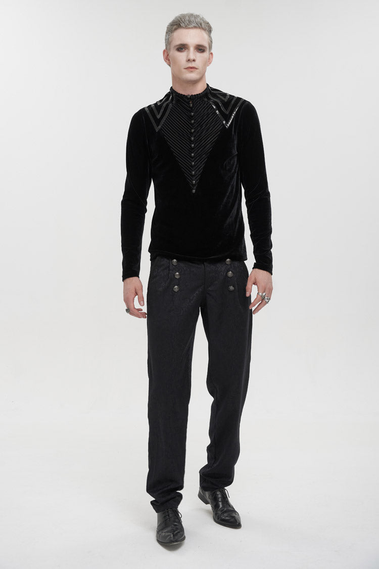 Black Round Collar Long Sleeves Stripes Splice Velvet Men's Gothic Shirt