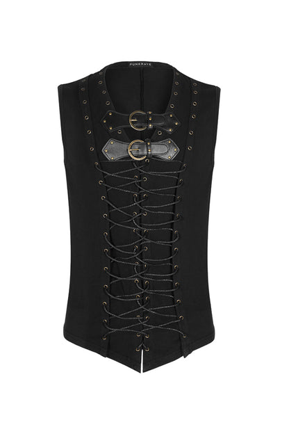Black V-Neck Chest Leather Hasp Metal Rings Cross Lace-Up Men's Punk Vest