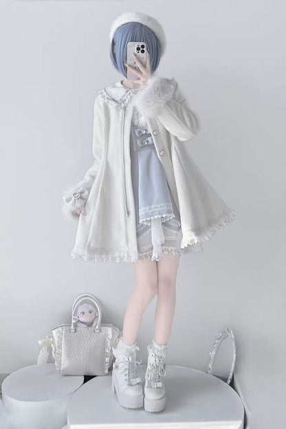 Ivory Long Sleeves Bowknot Rabbit Ears Detachable Hooded Japanese Jirai Kei Coat