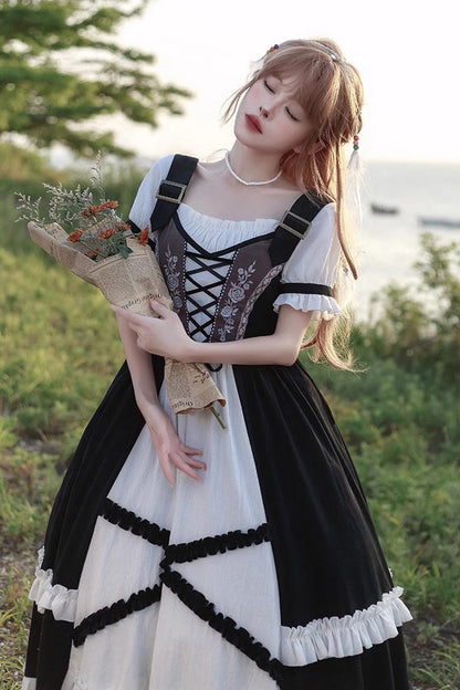 Black/White Bavarian Style Rose Embroidery Short Sleeves Sweet Lolita Dress