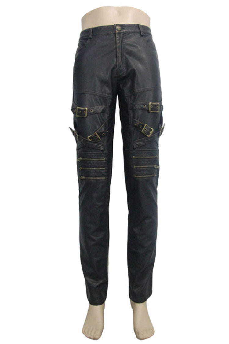 Bronze Multi Loops Zipper Metal Inlay Bandage Hand Rubbed Leather Men's Punk Pants