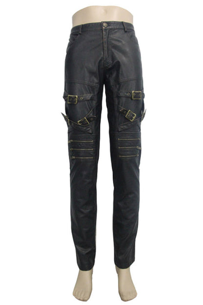 Bronze Multi Loops Zipper Metal Inlay Bandage Hand Rubbed Leather Men's Punk Pants