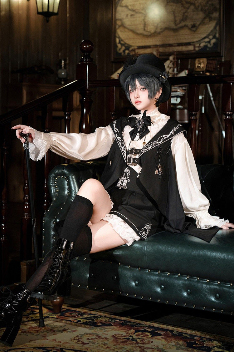 Black [Bunny-Eared Meteorite] Long Sleeves Embroidered Gothic Prince Ouji Lolita Shorts Vest Set
