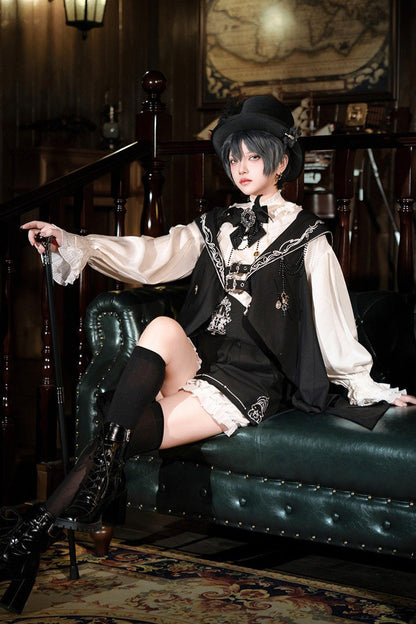 Black [Bunny-Eared Meteorite] Long Sleeves Embroidered Gothic Prince Ouji Lolita Shorts Vest Set