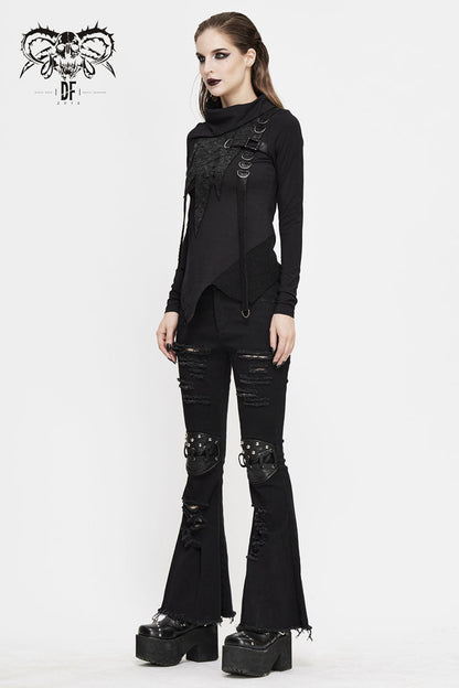Black Worn Out Cross Shaped Hasp Long Sleeve High Collar Asymmetric Hem Women's Punk T-Shirt