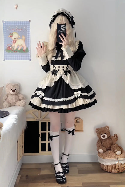 Black/White Short Sleeves Triple-Layered Ruffle Bowknot Lace Sweet Plus Size Maid Lolita Dress Set