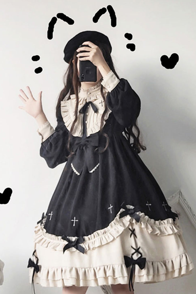 Black Round Collar Chest Bow Cross Print Ruffled Sweet Lolita Op Dress
