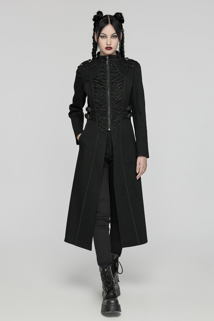 Black Stand Collar Chain Zipper Long Sleeves Women's Gothic Long Coat