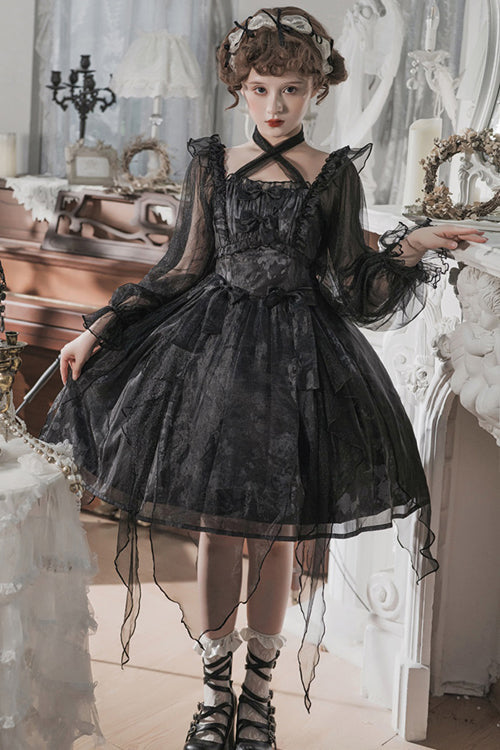 Black Ruffled Strap Mesh Lantern Sleeves High Waisted Irregular Hem Gothic Lolita OP Dress