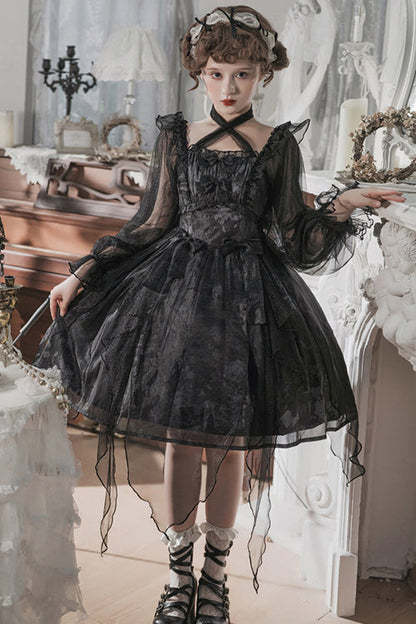 Black Ruffled Strap Mesh Lantern Sleeves High Waisted Irregular Hem Gothic Lolita OP Dress