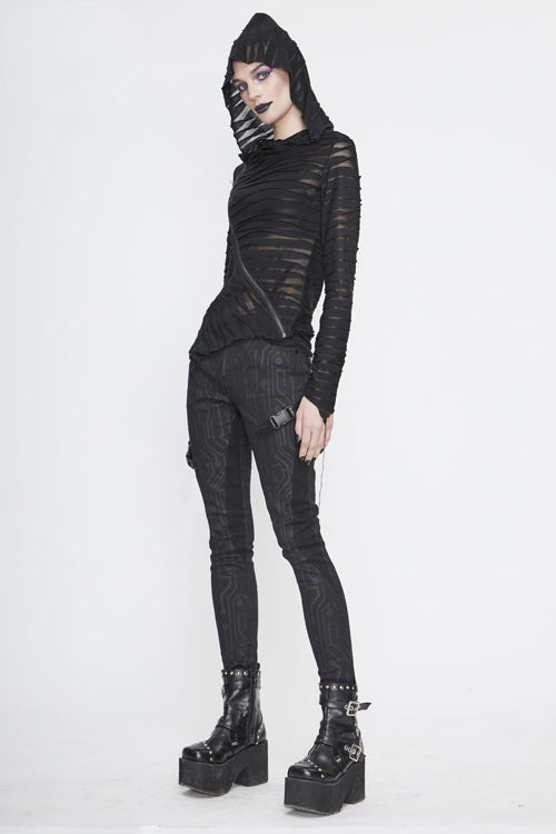 Black Punk Circuit Printed Leather Loops Womens Pants